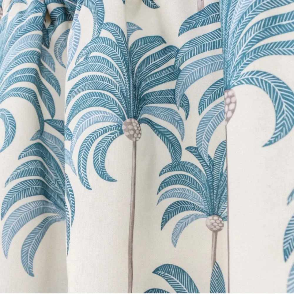 Luxury Home | Coastal Chic Blue Palm Tree Print Linen Blend Window Valence